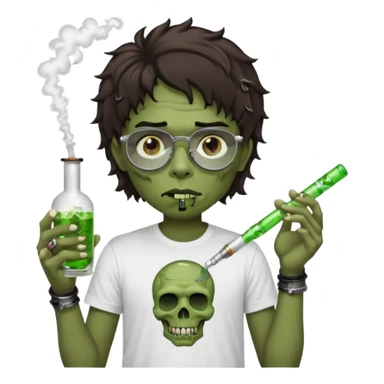 brown short wavy haired zombie getting stoned with weed t shirt and bong on his hand and wearing black chrome hearts bifocals sticker
