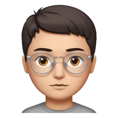 personagem com corte de cabelo Wolf cut curto, cabelo castanho escuro, olho castanho escuro, sombrancelha castanho escuro, óculos sem aro prata quadrado. sticker