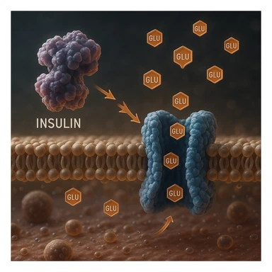 insulin activating glucose transport in the cell, hyper realistic 4K style, molecular details, scientific atmosphere sticker