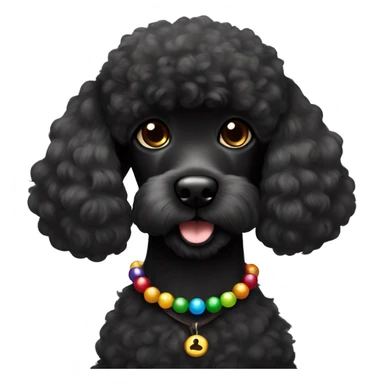 One Small furry Black Poodle with one  colorful bead necklaces with brown harness sticker
