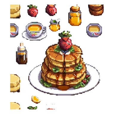 stack of pancakes with honey and fruit sticker
