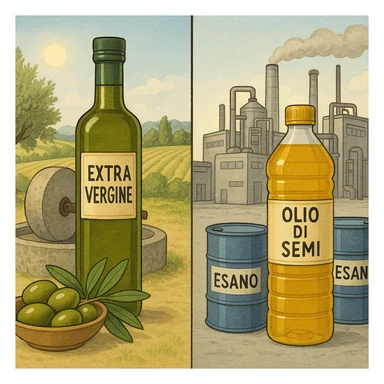 split image: left side with a green bottle labeled 'Extra Vergine', olives, a traditional stone olive mill, and sunny fields in the background; right side with a generic bottle labeled 'Olio di semi', a factory, and chemical barrels labeled 'Esano'; clear, descriptive illustrative style sticker