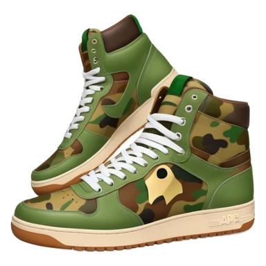 Bape sneaker with classic camo pattern in green and brown colors, high top sneaker with ape logo on the side sticker