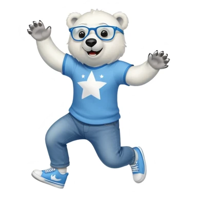 friendly anthropomorphised polar bear jumping and looking excited, wearing a shirt, jeans, trainers, star-shaped glasses sticker