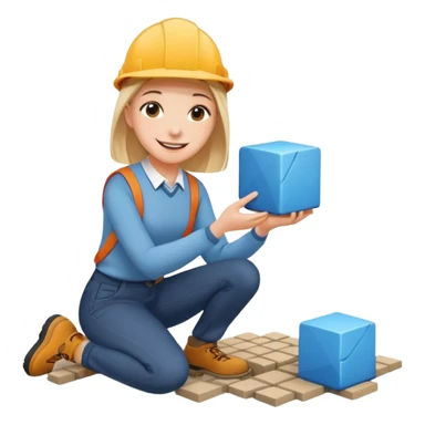 Стдуент, который аккуратно и с улыбкой ставит большой кубик на землю, словно строит фундамент. Ощущение безопасности и начала пути. sticker