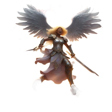 angels and demons in a lively fight mid flight with swords and armor and lightning sticker