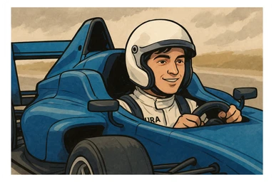 Franco Colapinto driving a blue car, realistic cartoon style sticker