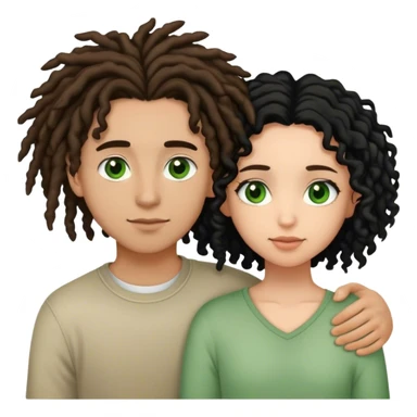 couple holding eachother. the boy is light skinned, short brown dreads, and green eyes. the girl is light skinned, curly black hair, and brown eyes. sticker
