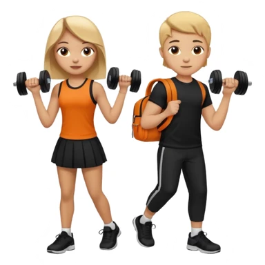 light skin students girl and boy with school bag full of books on hand and dumbell in other hand. Clothes are in black and orange colours. They are going to the gym. They have brown and blonde hair. Dumbell is visible in hand. They are teaching about sport sticker