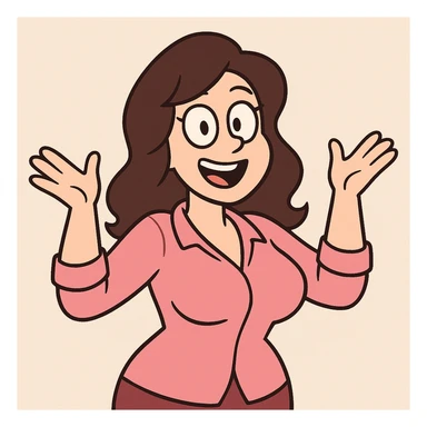 pale-skinned brunette woman, pink blouse, busty, cheerful, simple background, cartoon style sticker