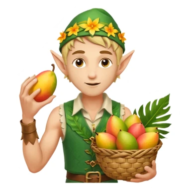 elf male Sleeveless vest with palm-leaf print, basket of exotic fruits (mango/lychee), sunburned nose. sticker
