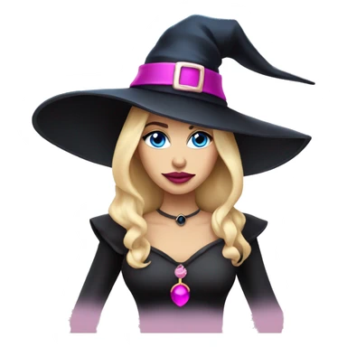 Beautiful blonde blue eyed witch with pink lips wearing witch hat sticker