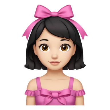 Beautiful girl with short black hair in a half-up half-down hairstyle with pink ribbon tying the top half, waves at the ends, brown eyes, light skin, slight smile, and pink dress sticker