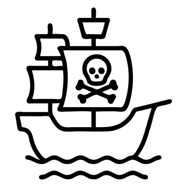pirate ship, simple and bold lines, no color fill, easily recognizable, app icon style sticker