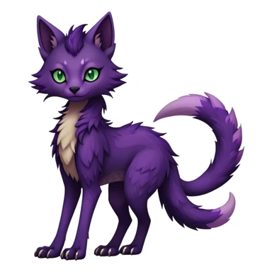 Kawaii dark edgy dark deep purplish with dark green eyes fantasy ethereal feline-vernid-sergal-fursona animal creature with a tufted tail full body with intricate markings  sticker
