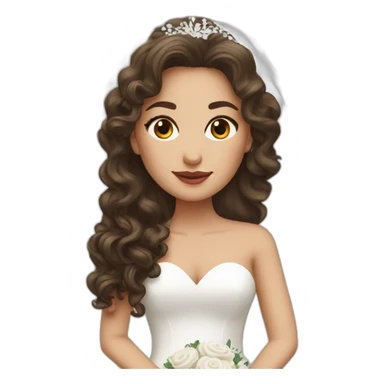 Beautiful brunette bride with long curly hair wearing a wedding dress with small lips sticker