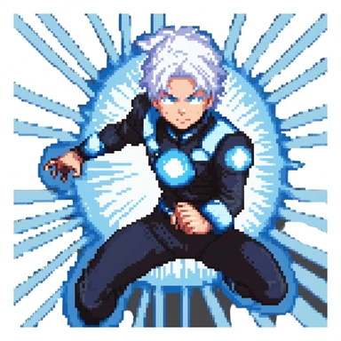 Gojo Satoru, pixel art, action pose, white hair, blue energy effects, black outfit, 16-bit video game style sticker