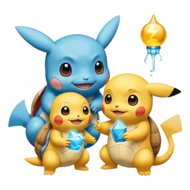 Pikachu has a light to share, but Squirtle has none. Pikachu sees this is unfair, so he shares the light with Squirtle. They smile and eat together. Show this as a cute Pokémon emoji scene about justice and fairness.

 sticker