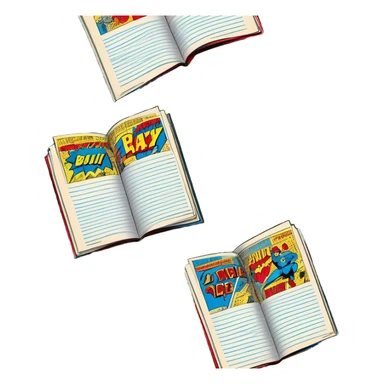 Create a vibrant emoji representing comic books and graphic novels as an art form. The design should feature a large, open comic book with vintage comic panels on the pages. Include a pencil (without a hand) gently writing text or sketching on the pages. The comic panels should have bold lines and retro-style artwork with classic comic book visuals. Use bright, energetic colors like red, yellow, and blue to evoke excitement and creativity. The overall design should feel dynamic, vintage, and artistic. Make the background transparent. sticker