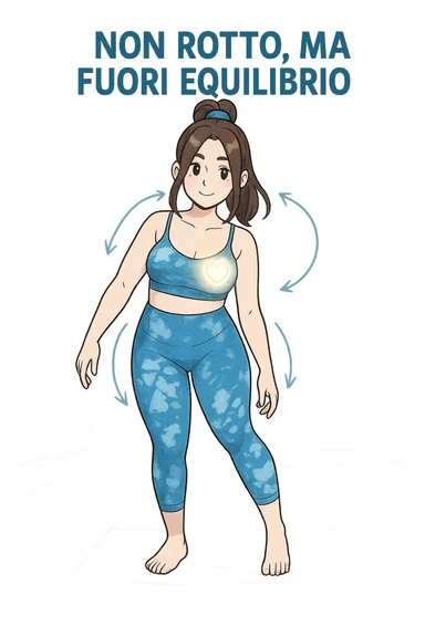 stile manga a woman stands in a relaxed pose, with a gentle, confident expression. Her body is shown with subtle, curved lines or arrows indicating areas of imbalance (such as a slight tilt in the shoulders or hips), but no signs of injury or damage. A soft glow or heart symbol at her core emphasizes resilience and the message “Non rotto, ma fuori equilibrio” The background is clean and clinical, with light blue tones. sticker
