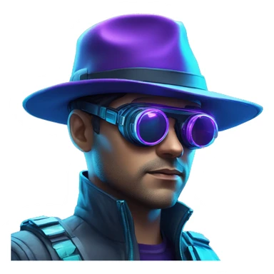 Secret human agent in a hat with  cyberpunk elements in VR googles scanning looking reviewing multicolor lines of code, cyan and purple colors, only upper body portrait sticker
