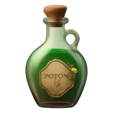 Mysterious Alchemical vintage glass potion bottle, exquisite bottle shape, old and shabby, with label, stylish and minimalistic, brown and shabby-green, oil potion is poured out of the bottle, herbal, flowers and oil is spilled next to it sticker
