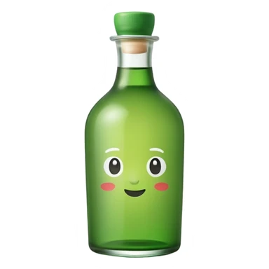 A clean, cute emoji-style green soju bottle, small Korean soju bottle with green glass, simple label in Korean style, minimal flat design, soft shading, centered, white or transparent background, high contrast, rounded friendly emoji look, 1:1 aspect ratio, app icon style sticker