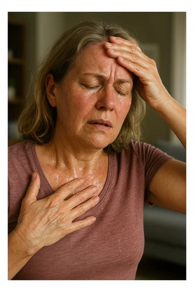 Donna in menopausa con sintomi evidenti. immagini specifiche, senza testo. immagini realistiche 4k sticker