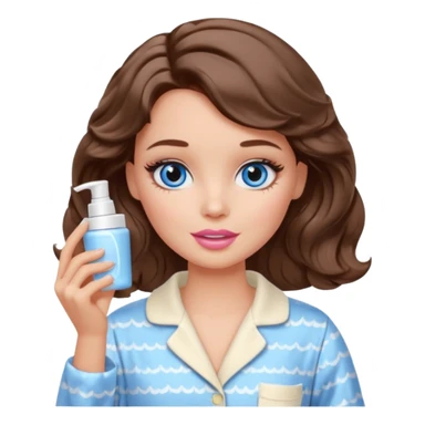 Barbie girl with makeup, blue eyes , and bob long haircut wavy, short brown hair in creamy color pajamas, face cream in hand sticker