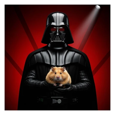 Extreme Closeup Photo of a darth vader holding big hamster, low key light, red solid background with leading lines, back light, spot light sticker