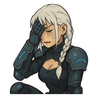  she is wearing armor, maximum power , facepalm smh, eyes closed and tearing up, a closeup portrait of young woman with gold yellow eyes, white hair, long braid, black off-shoulder top d-cup, punk gothic style, futuristic cyberwave cyberpunk, sitting position sticker