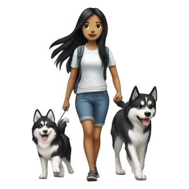 Long black hair pale girl walking husky dog sticker