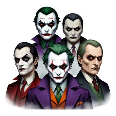 Thriller Movie Icon: A dark, intense collage with close-up images of iconic thriller characters like 1 Joker, 1 Hannibal Lecter, and 1 Vlad Dracula. The background features a moody Gotham City skyline, with shadowy figures and fog. Atmospheric, suspenseful tone. Transparent background. sticker