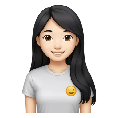an asian girl with straight black and long hair, slight waves, smiling, wearing tshirt sticker