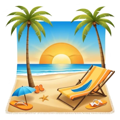 Icon for Beach Tourism: with the blue ocean, orange sunset, yellow sand beach and palm trees in the background, a sun umbrella, flip-flops, and a beach towel on the sand. The icon should represent relaxation and fun at the beach. Transparent background sticker