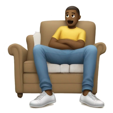 The image show a legs sitting on couch. They are wearing a dirty socks and no shoes. Their legs are extended, with one foot up in the air. The person is wearing white socks with the sole of the foot visible, one of which is on the floor. sticker