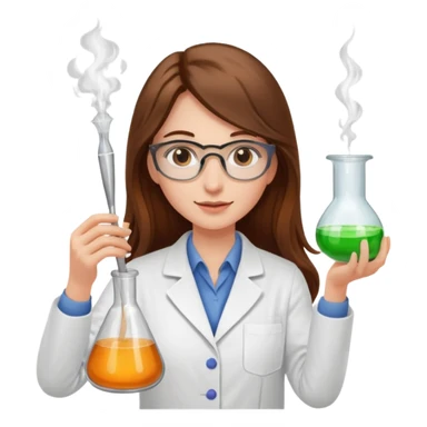 Crie emojis de uma mulher de cabelos longos castanhos farmacêutica mexendo com becker e com faiscas sticker