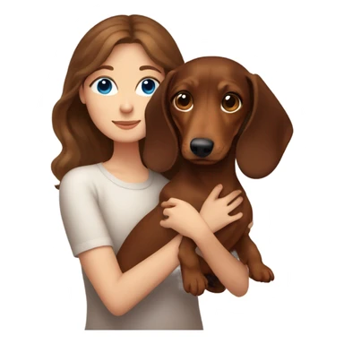 Brown long wavy hair girl with blue eyes cuddling a brown short haired dachshund sticker