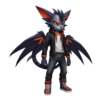 Cool Anthro Black Noivern-Absol-Litten-Pokémon with edgy stripes hoodie spiked collar punk Full Body sticker
