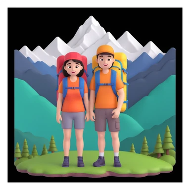back packer couple posing, mountains in background,   close up pose sticker