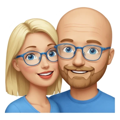 middle age bald man with heavy scruff, blue eyes and glasses.  Kissing blonde woman with blue eyes sticker