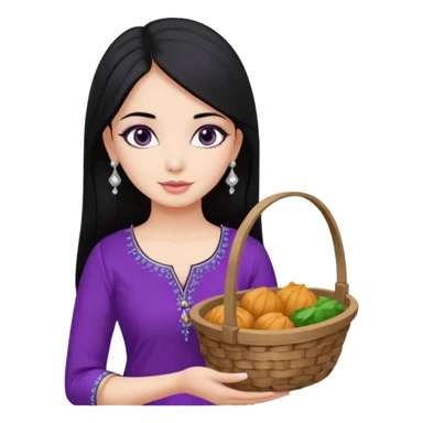 a pretty bratz girl with straight black hair, wearing a purple kurti, silver jhumkas, eyeliner, carrying momos sticker