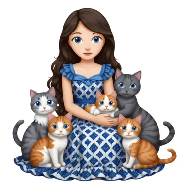 detailed realistic looking a dark grey and white cat regally sitting with six other cats, cuddling with their owner who is a pretty bratz lightly tanned white girl with long dark brown hair, blue eyes and gorgeous long wavy hair wearing a pretty detailed dress sticker