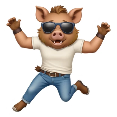 friendly anthropomorphised boar in jeans and a t-shirt, wearing dark sunglasses, jumping pose sticker