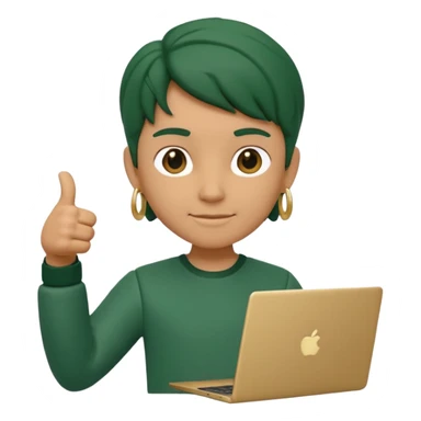 3D clay character standing confident, laptop under arm, thumbs up, deep green (#0B3D2C), cream laptop, gold accents, cute rounded, transparent background sticker