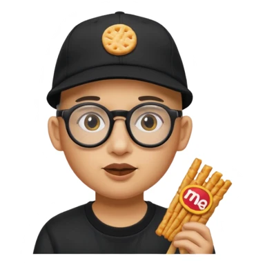 num num eatting hashbrown sticks with a plain black cap and glasses no hair add Rollin' 18 to hat sticker