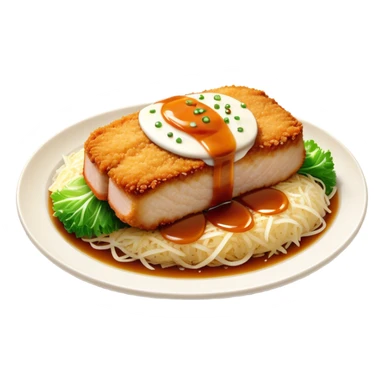 Cinematic Realistic Tonkatsu Dish Emoji, featuring a golden, breaded pork cutlet served with shredded cabbage rendered with rich textures and vibrant, dynamic lighting. sticker