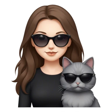 White woman with long brown hair wearing dark sunglasses and a black dress. She is smirking. next to her is a fluffy light grey cat who is also wearing dark sunglasses sticker