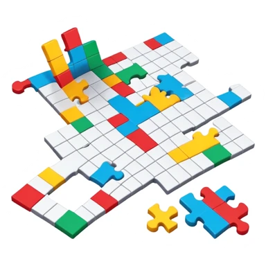 A photorealistic icon with a colorful, fragmented puzzle piece, a crossword magazine, a 3D puzzle, and a partially completed puzzle on a table. Bright, detailed design with realistic lighting. Transparent background, clearly symbolizing puzzles and brain games. sticker