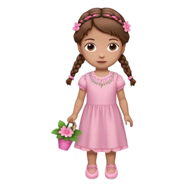 Boneca muito baixa e pequena de cabelo castanho com 2 tranças e uma flor rosa do lado esquerdo usado um vestido rosa claro e sapatinhos rosa sticker